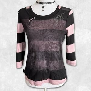Y2K Euro Grunge Pink and White Striped Micro Mesh Layered Top Size M